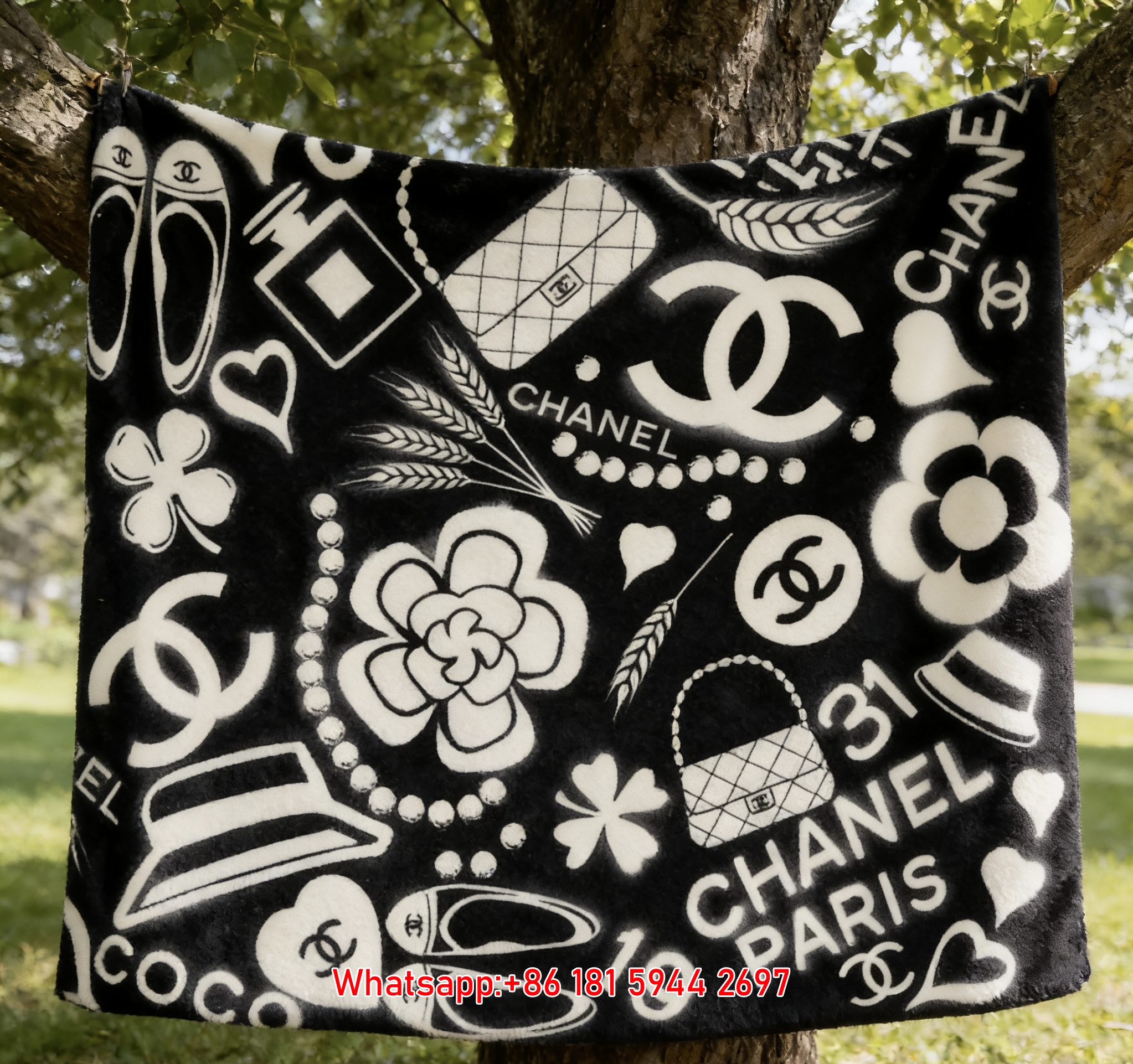 Luxury Black & White Chanel Icon Monogram Flannel Sofa Throw Blanket IMG_6981